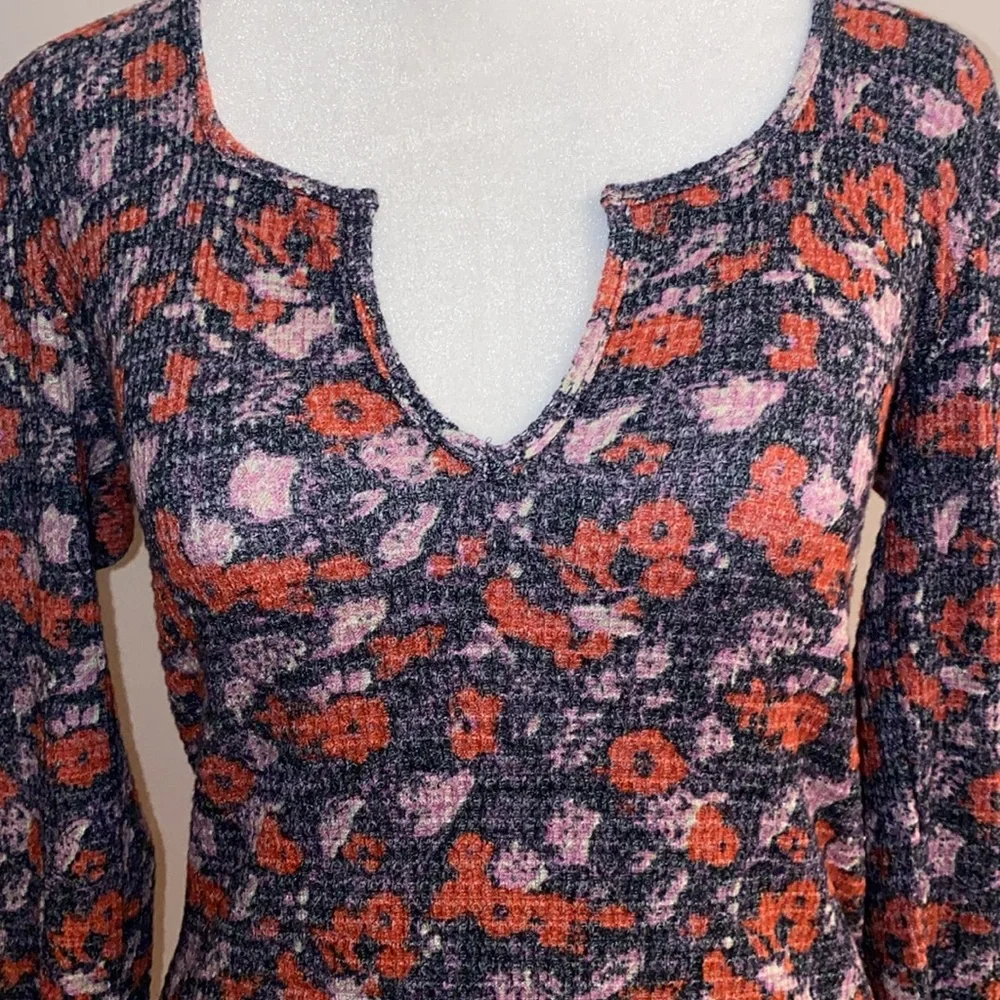 Free People Ciara Printed Floral Waffle Knit Top - Black Combo - Picture 2 of 12